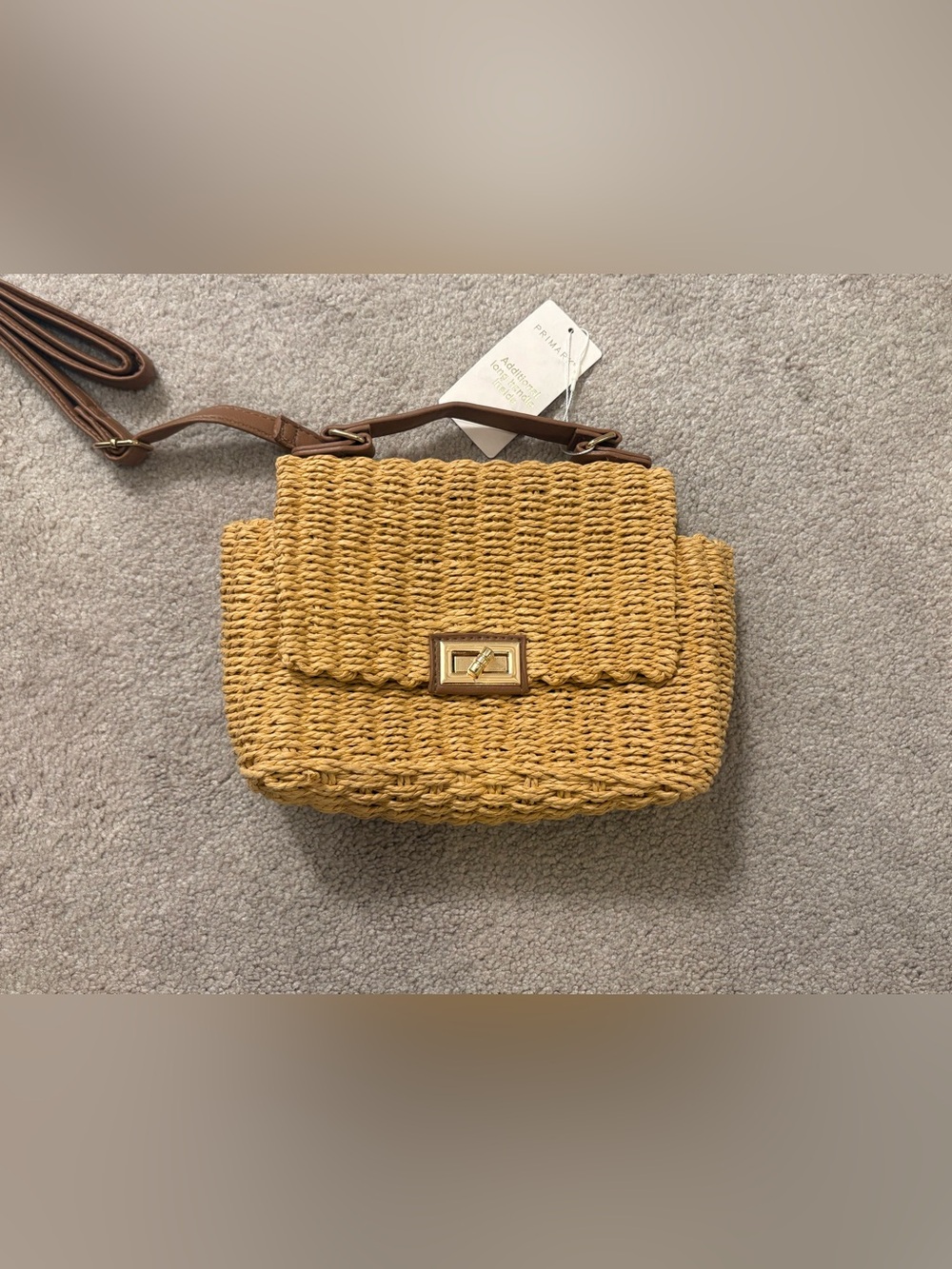 Women’s Primark woven straw top-handle crossbody bag brown faux-leather NWT